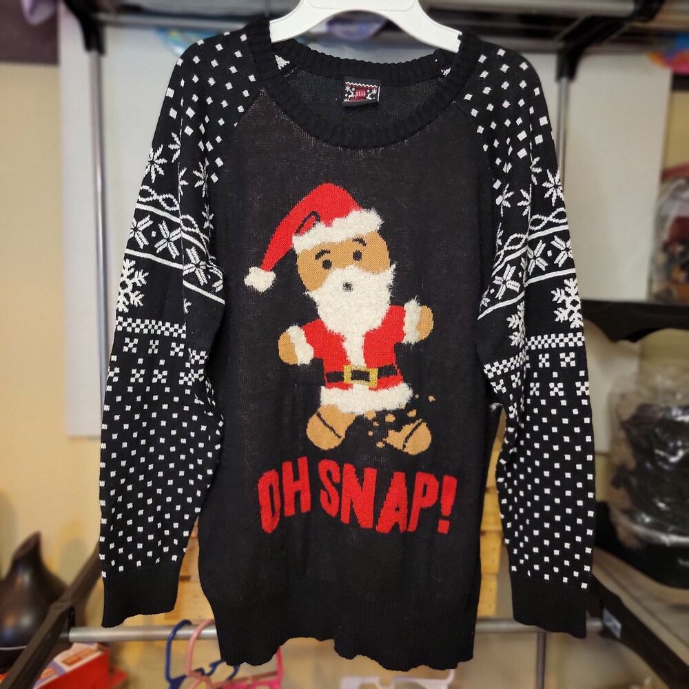 Well Worn Brand Holiday Knit Sweater Santa Ginger Bread Man Oh Snap - Size Large